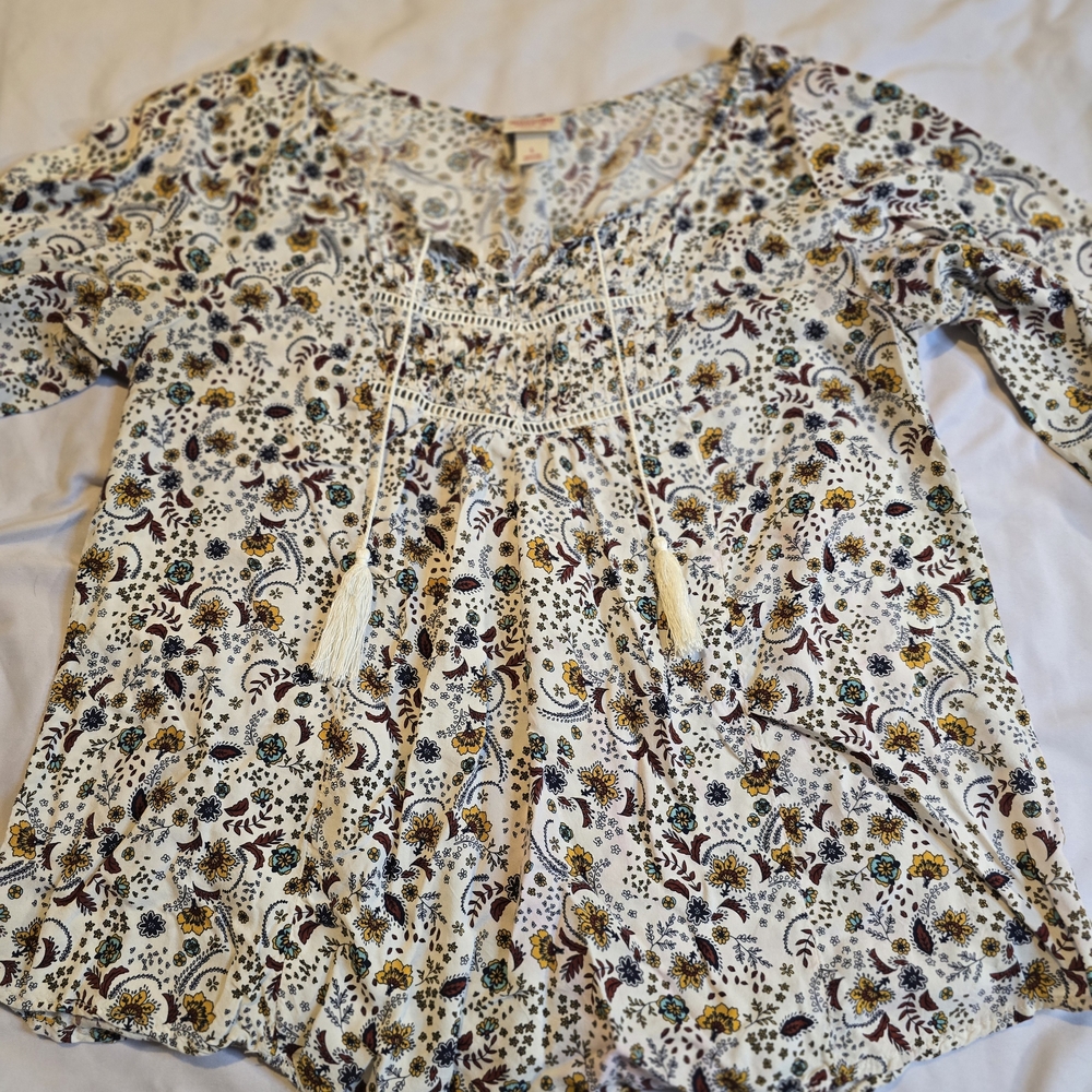Boho Floral Tie-Front Peasant Top - White/Multi